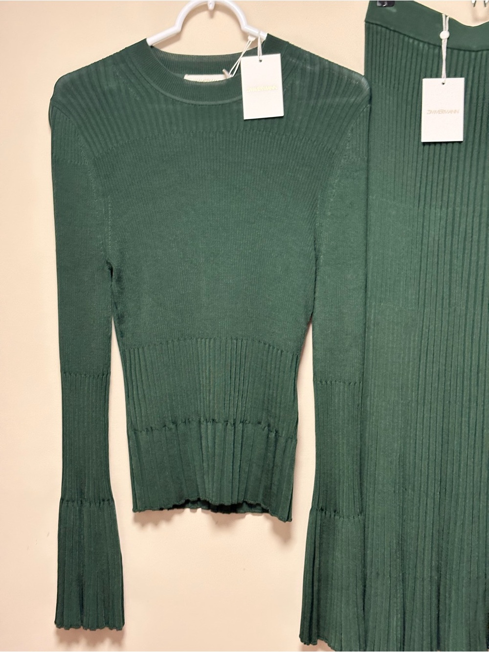 Zimmermann Forest Green Ribbed Midi Skirt & Sweater Set - Picture 3 of 6